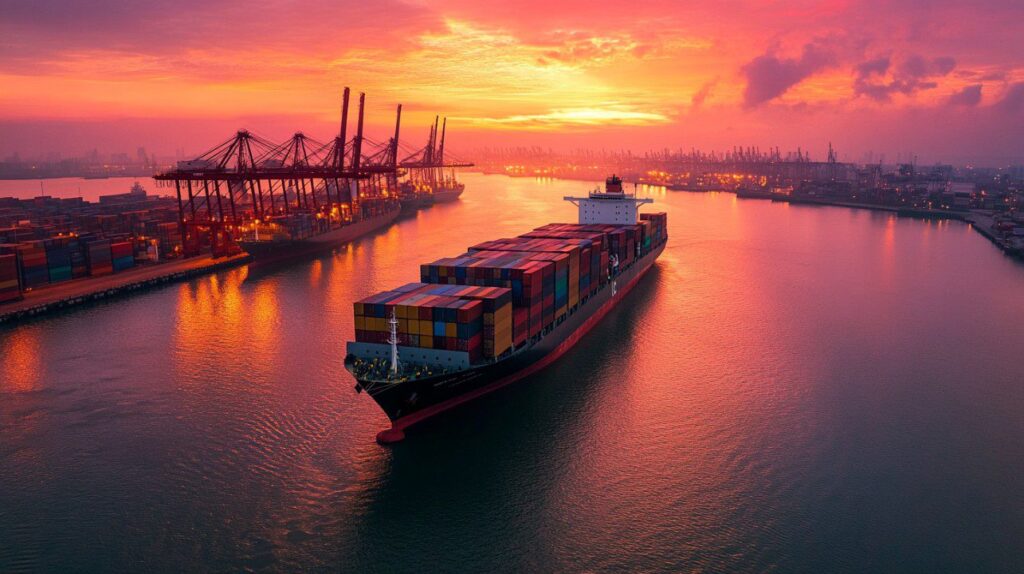 cargo ship sunset asian port cargo ship sunset asian port